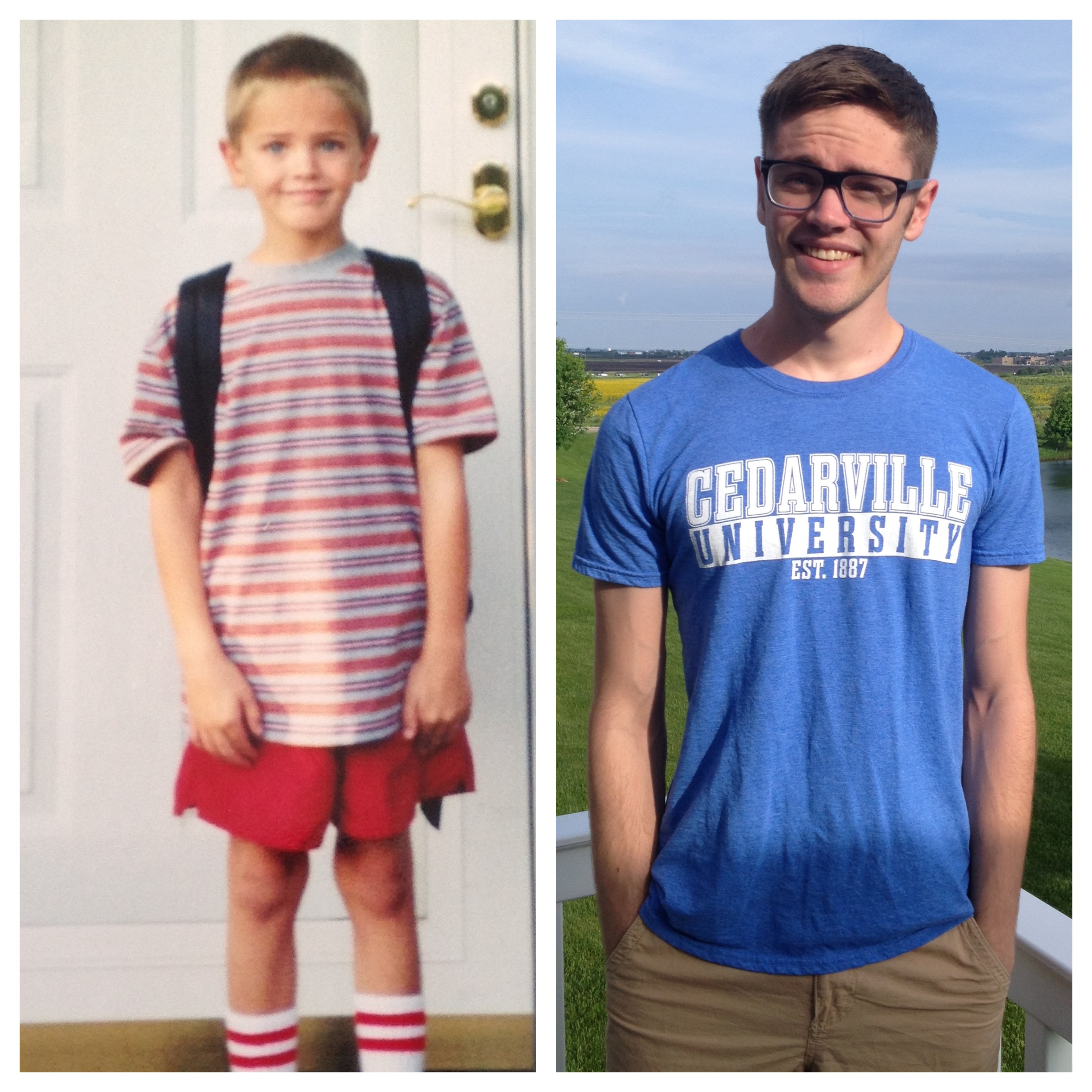 Thomas on the first day of kindergarten and the last day of high school.