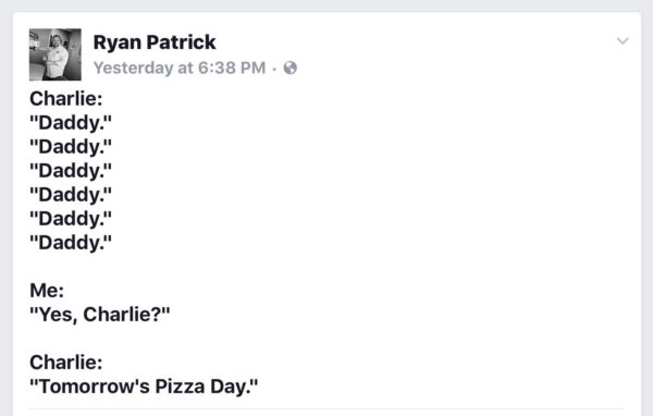 Ryan's son Charlie is excited for pizza day.